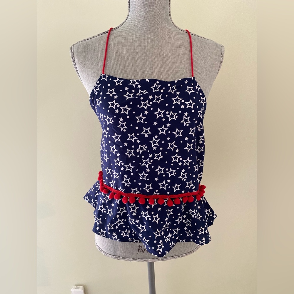 America & Beyond Red, White & Blue top with stars and Pom Pom fringe medium NWT